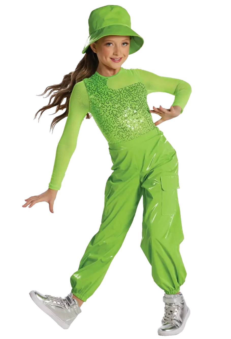 Lime Green Shiny Cargo Jogger Pants and Bucket Hat Dance Costume Childs Medium
